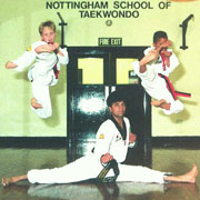 Master Vohra in side splits with Richard Bakewell and Lewis Harvey demonstrating flying side kick 1987.
